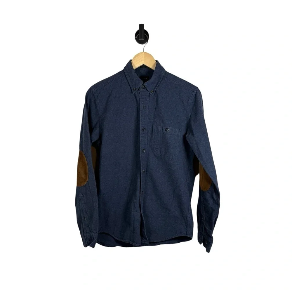 J. Crew Men’s Woven Collared Leather Elbow Patch Button Down Navy/Brown S